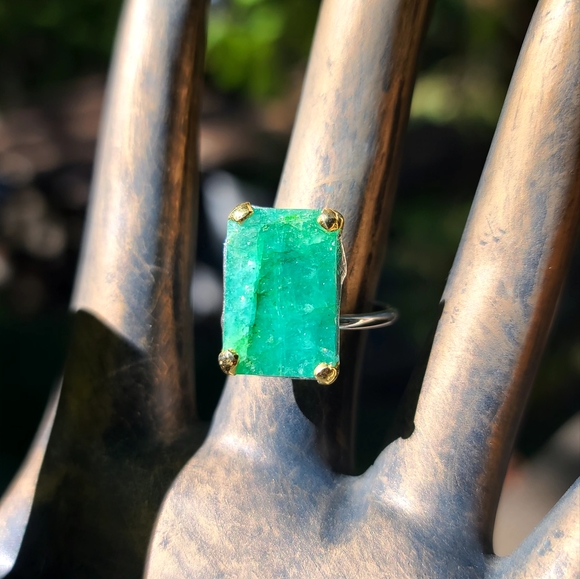 Gorgeous Green Beryl HUGE 16k solitaire sterling &gold ring sz8.5 - Picture 4 of 5